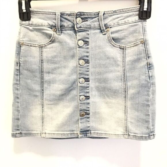 American Eagle Outfitters Light Wash Blue Denim A-Line Hi-Rise Mini Skirt 00 - Picture 1 of 4